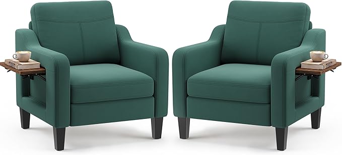 Accent Chairs Set of 2 for Living Room, Mid-Century Upholstered Armchair with Foldable Table & 2 Side Pockets, Modern Linen Wooden Sofa Chair for Bedroom & Reading Room, Green