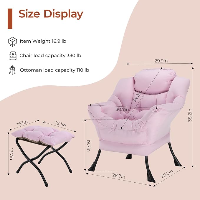 TLSUNNY Lazy Chair with Foldable Ottoman, Modern Comfy Lounge Chair, Large Sofa Armchair with Footrest and a Side Pocket, Reading Chair with Footstool for Bedroom, Living Room, Dorm (Pink)