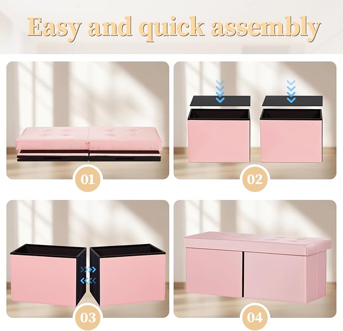 Bsketa Storage Ottoman Bench with Folding Lid Ⅲ, Foot Stools Opens on Both Ends, Footrest Foldable Velvet Chest for Living Room, Bedroom, Entryway, End of Bed Storage Blanket Ottomans Pink