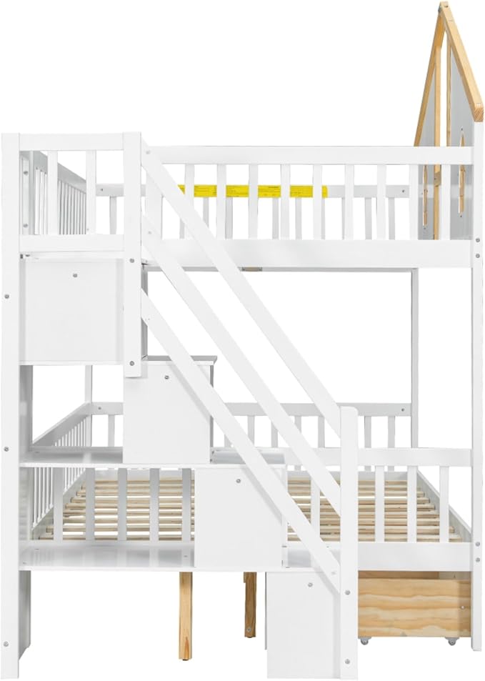 Full Over Full Bunk Bed with Drawers and Storage Stairs, House Castle Bed with Roof and Windows, Bookshelf, Space Saving for Kids, Boys, Girls, Adults, White