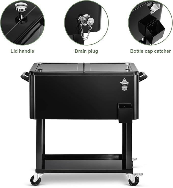 80 Quart Rolling Ice Chest Cooler Cart,Patio Backyard Party Drink Beverage Bar Stand Up Cooler Trolley with Ice Scoop