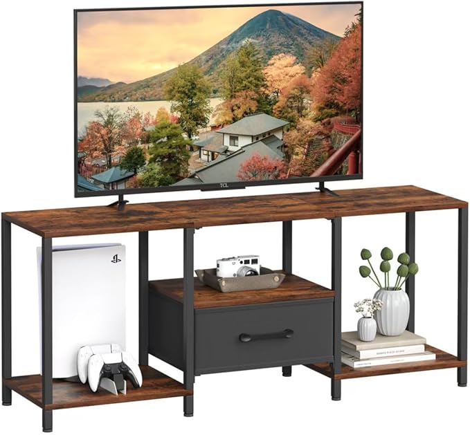 JARHETUN TV Stand with Fabric Drawer for 55 Inch TV, Entertainment Center with Open Shelves, Media TV Console Table for Living Room, Bedroom, Rustic Brown