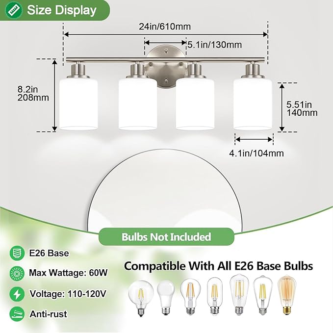 Zarbitta 4-Light Bathroom Light Fixtures, Brushed Nickel Modern Vanity Lights with Milky White Frosted Glass Shades, Bathroom Wall Lamp for Mirror Kitchen Living Room