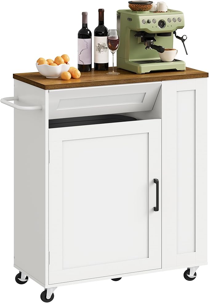 CHOEZON Kitchen Island Cart with Storage, Kitchen Cabinet, Mobile Kitchen Island, Storage Trolley for Kitchen with Hidden Trash Bin Cabinet, for Dining Room, White and Walnut MZD06WL