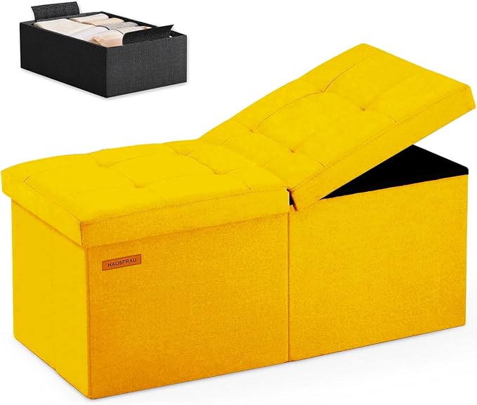 HAUSFRAU 31.5 Inches Ottoman with Storage Bench, Folding Ottoman Bench Small Foot Rest Stool, Bedroom Bench with Flipping Lid, Linen Yellow