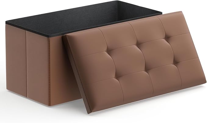 Magshion Folding Storage Ottoman Bench, 15 x 30 x 14.5 Inches PU Leather Ottoman Foot Rest, End of Bed Bench, 90L Storage Chest for Bedroom, Living Room, Entryway, Hallway, Brown