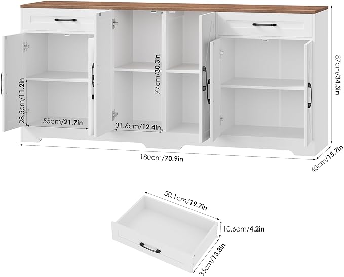 BOTLOG 71” Large Sideboard Buffet Cabinet with Storage, Farmhouse Kitchen Buffet Cabinet with Adjustable Shelves and 6 Barn Doors, Wood Coffee Wine Bar Console Table for Kitchen, Dining Room, White