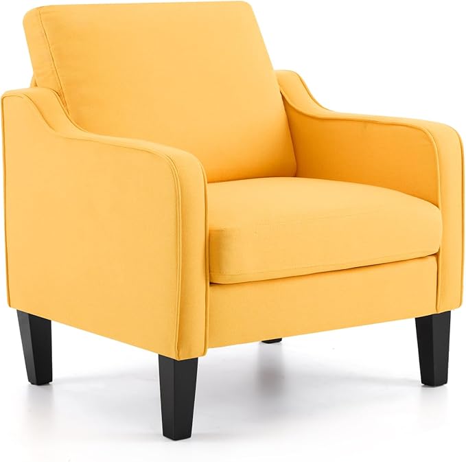 VINGLI Chair Yellow Upholstered Linen Accent Chair for Living Room, Bedroom, Mid-Century Modern Arm Chair Comfy Reading Chair with Scooped Arms