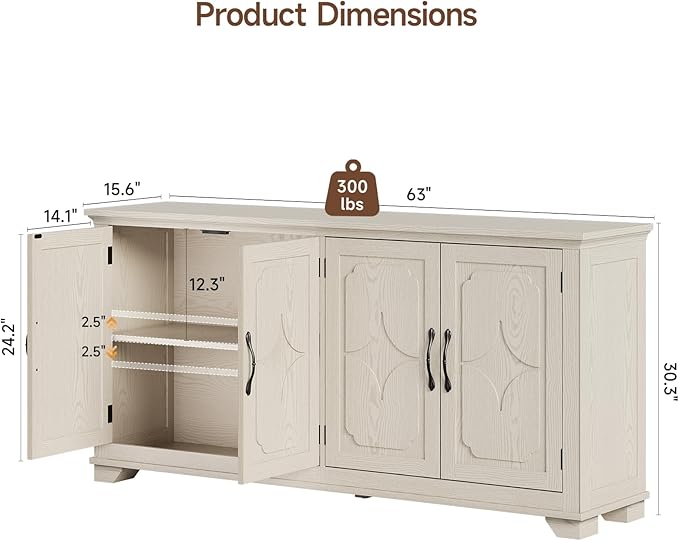 ONBRILL 63 Inch Buffet Cabinet with Storage, Large Sideboard Cabinet with 4 Carved Doors, Modern Credenza Storage Cabinets w/Adjustable Shelves for Kitchen, Living Room, Off White