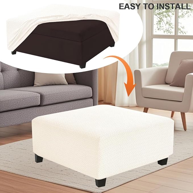 Levoberg Waterproof Square Ottoman Cover Large Square Folding Storage Ottoman Bench Slipcovers Footrest Stool Covers Oversized Ottoman Coffee Table Covers Cube with Elastic Bottom XL Beige