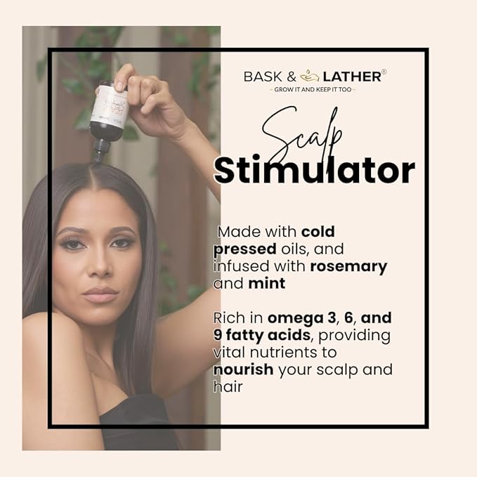 Bask & Lather スカルプスティミュレーター ヘアーグロースオイル、コールドプレス ミントとローズマリーブレンド、グレープシード配合、育毛用、オーガニック、天然、洗い流さないタイプ、全髪質対応、2液量オンス