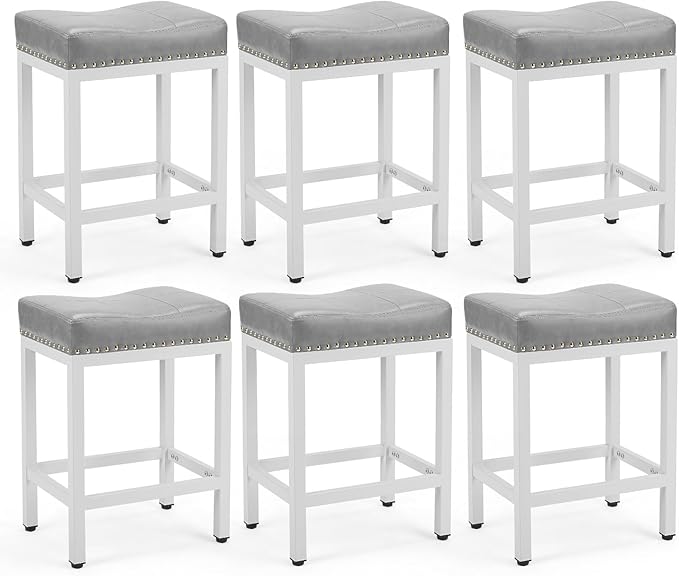 Sweetcrispy 24 inch Bar Stools Set of 6, Upholstered Modern Counter Height Bar Stools for Kitchen Island Modern PU Leather Sadless Stools Chair with Metal Base and Footrest,Grey