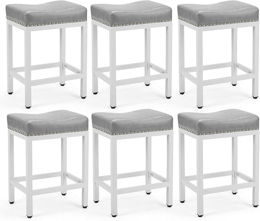 Sweetcrispy 24 inch Bar Stools Set of 6, Upholstered Modern Counter Height Bar Stools for Kitchen Island Modern PU Leather Sadless Stools Chair with Metal Base and Footrest,Grey