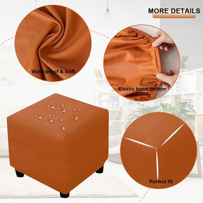 Waterproof Ottoman Cover Square Stretch PU Soft Folding Storage Ottoman Cover with Elastic Bottom Cube Footrest Foot Stool Slipcovers Machine Washable(Large/Orange)