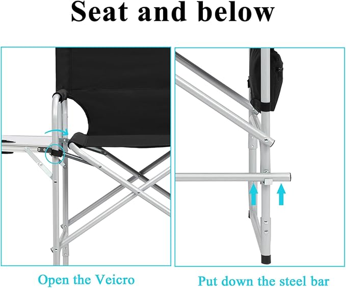 Tall Directors Chairs Foldable Makeup Artist Chair Seat Height 26.5 inches Heavy Duty Folding Camping Chair Outdoor Portable Director Chair with Side Table Storage Bag Cup Holder Footrest,Black