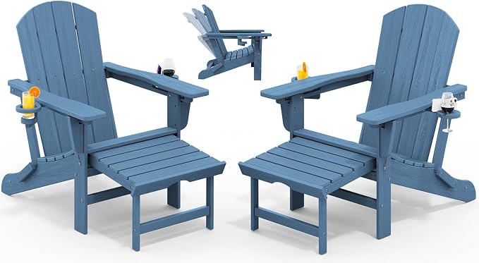 KINGYES Folding Adjustable Adirondack Chairs with Ottoman & 2 Cup Holders Set of 2, HDPE Adirondack Recliner Chair with Footrest, Blue