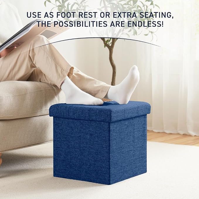 Ornavo Home Folding Storage Ottoman, 15 Inch Storage Cube with Lid, Foot Rest Stool for Bedroom, Living Room, Entryway, Tufted Linen Upholstered - Navy Blue