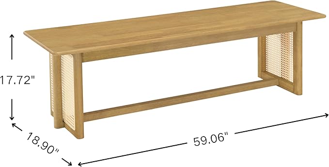 Merax Rustic Wooden Rectangular Kitchen Bench with Rattan Accents Legs, Farmhouse 59.06''L Dinning Bench for Living Room, Kitchen, Dining Room,300 lbs Capacity, Natural