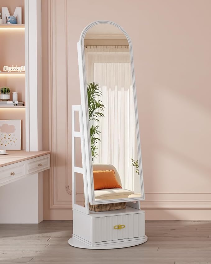 Vlsrka 6 LEDs Mirror Jewelry Cabinet, 360° Swivel Full Length Mirror with Storage, Lockable Jewelry Armoire Cabinet Standing, Large Drawers Jewelry Organizer Mirror, Gift Idea for Women, White