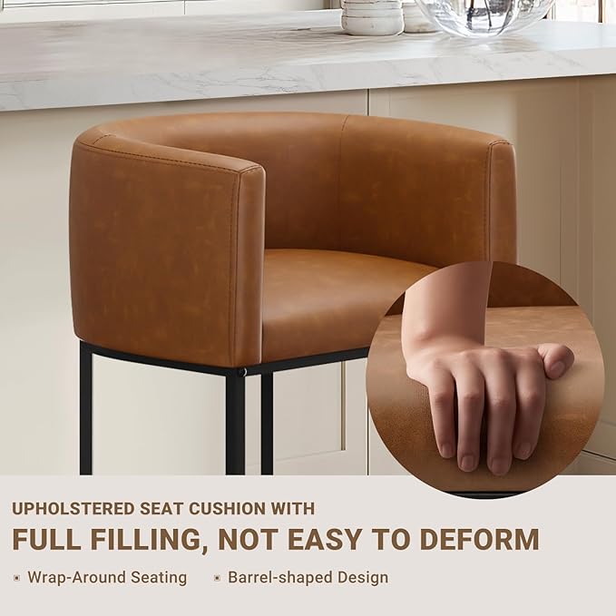 26" H Counter Height Bar Stools Set of 2, Modern Barrel Counter Stools with Backrest and Arms, Faux Leather Upholstered Accent Barstools for Kitchen Island,Support 450 LBS (Walnut Brown)