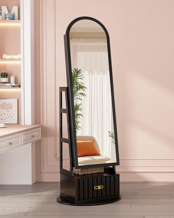 Vlsrka 6 LEDs Mirror Jewelry Cabinet, 360° Swivel Full Length Mirror with Storage, Lockable Jewelry Armoire Cabinet Standing, Large Drawers Jewelry Organizer Mirror, Gift Idea for Women, Black