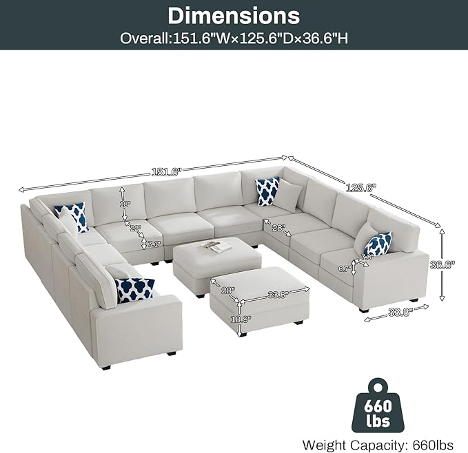 Legend Vansen Oversized Modular Sectional Sofa,U/L‑Shaped Reversible Couch with Ottoman,Deep Seat Plush Polyester Sectional for Living Room,13-Seater,Cream