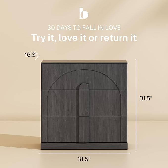 BELLEZE Sideboard Cabinet with 3 Drawers, Set of 2 Modern Wood Buffet Cabinet with Arc Design, Large Fluted Sideboard with Storage for Dining Room Living Room Entryway, Ebony