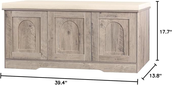 DINZI LVJ Shoe Bench, Entryway Storage Bench with Doors, Cushion, 2-Tier Shoe Rack with 6-Cubby, 39.4”L x 13.8”W Shoe Organizer Cabinet, Adjustable Shelf, Living Room, Bedroom, Greige