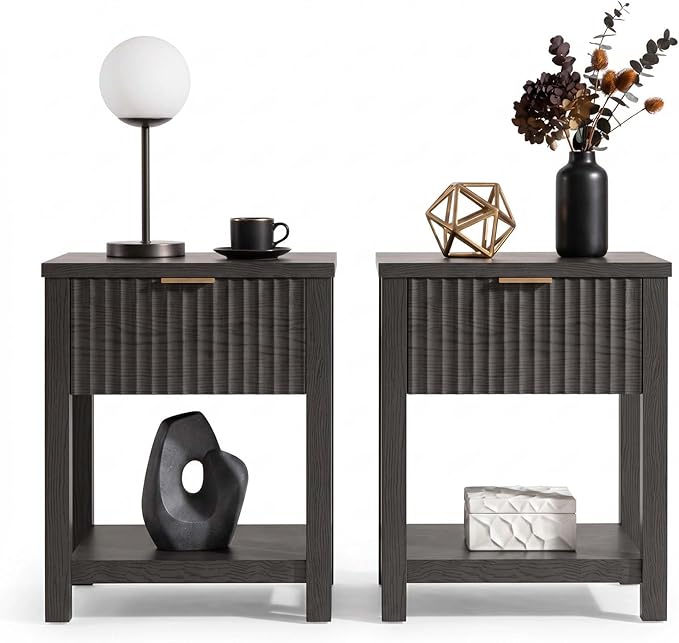 Fluted Night Stand with Golden Handle,Set of 2 Mid-Century Nightstands with Drawer, Bedside Table with Storage Shelf, Side Tables for Room,End Tables for Bedroom,Black Wood Grain