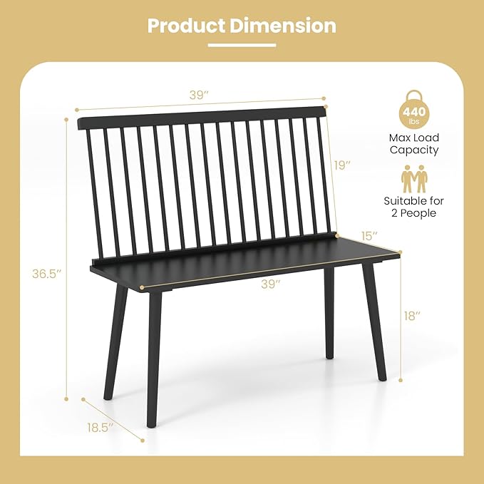Giantex Dining Bench with Back, Black Windsor Bench with Spindle Back & Anti-Slip Foot Pads, Farmhouse Rubber Wood Dining Bench, Indoor Wooden Entryway Bench for Living Room, Dining Room, Hallway