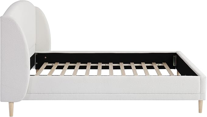 Christopher Knight Home Hazel Queen Size Bed Frame, Upholstered Platform Bed, Soft Boucle Wingback Headboard, Wood Bed Support and Slats, Curved-Shaped Headboard Queen Bed for Adult, 44.50" H White