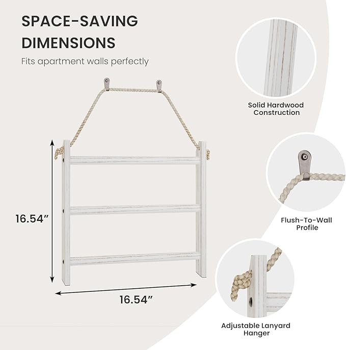XLHOMO White Blanket Ladder Wall-Mounted, 3 Tier Wooden Rustic Mini Ladder Shelf for Living Room & Bathroom, Holder Display Hanger, Wall Hanging Blanket Rack with Rope for Home Christmas Decor