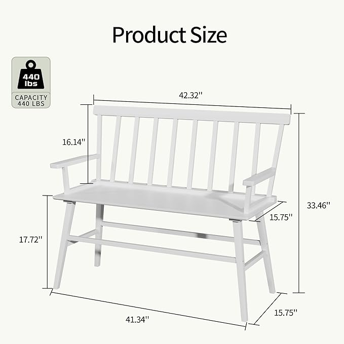 APRTAT Bamboo Entryway Bench, Farmhouse Dining Bench with Spindle Back & Armrest 3 Person Indoor Bench Chair Wood Windsor Bench Durable Easy Assembly for Foyer Balcony Hallway Living Room (White)