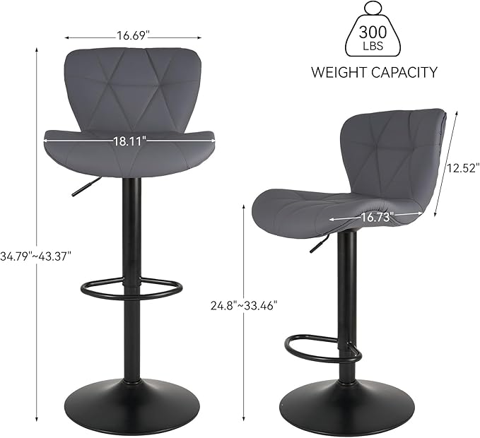 Nalupatio Modern Bar Stools Set of 2, Adjustable Faux Leather Upholstered Swivel Bar Stools, Counter Height Bar Chairs with Back for Kitchen Island, Dark Grey
