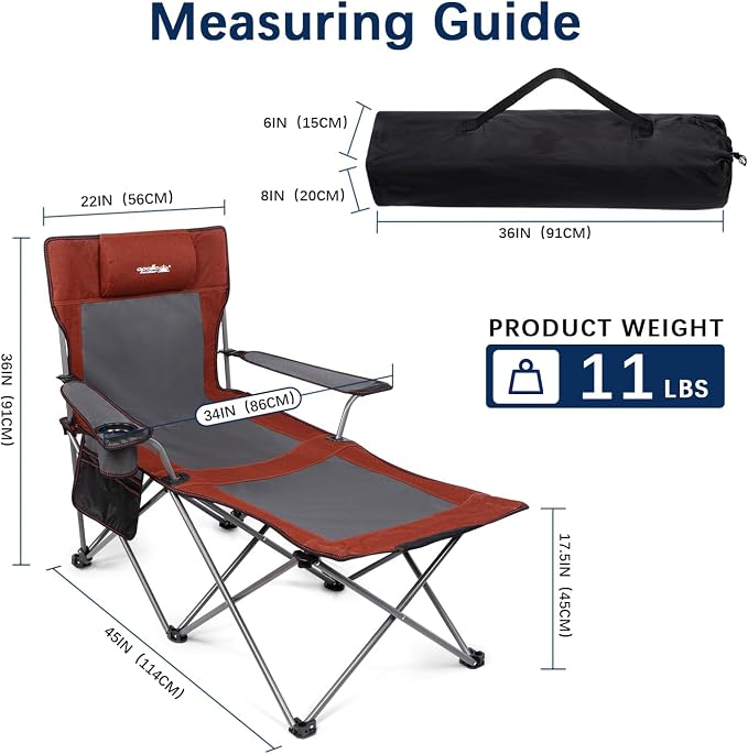apollo walker Reclining Beach Chair, Adjustable 90-135° Backrest Camping Lounge Chairs for Adults, Folding Chair with Foot Rest & Detachable Pillow - Standard 6-Leg, Red