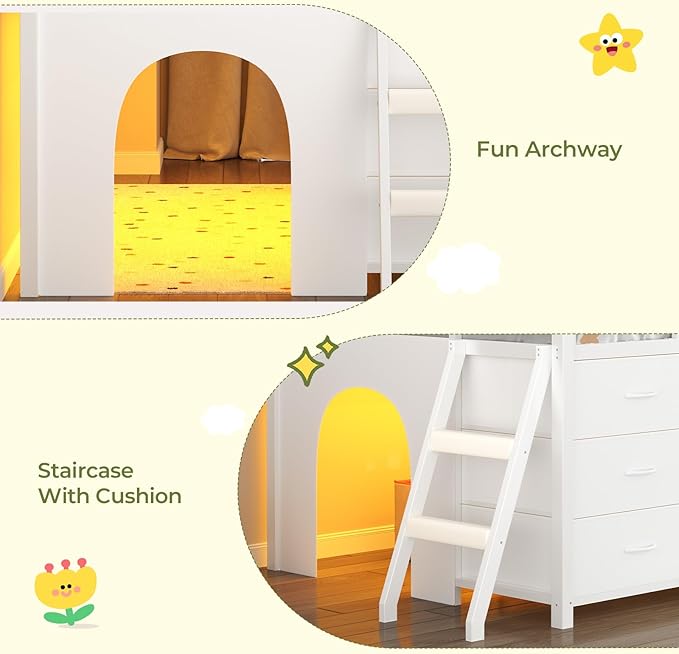 UPOSOJA Twin - Low Loft Bed with Kids Clothing Rack, Kids Loft Bed, Loft Bed with Tent, Toy Storage Box, Safety Guardrail, LED Light, Under-Hide and Seek Bed Play Space (White)