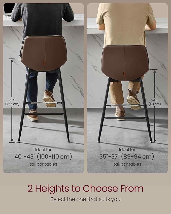 VASAGLE Bar Stools Set of 4, Bar Height Bar Stools with Back, Ergonomic Backrest, Synthetic Leather, Metal Legs, 28.5-Inch Tall Barstools for Kitchen Island Home Bar, Easy Assembly, Coffee Brown