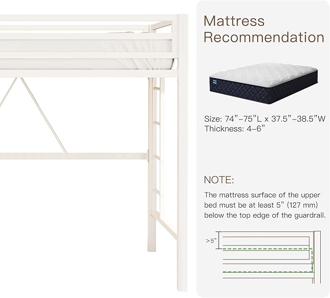 ikalido Metal Loft Bed Twin Size with Safety Guardrail and Ladder, No Box Spring Needed Space Saving Bedroom Furniture,Cream White