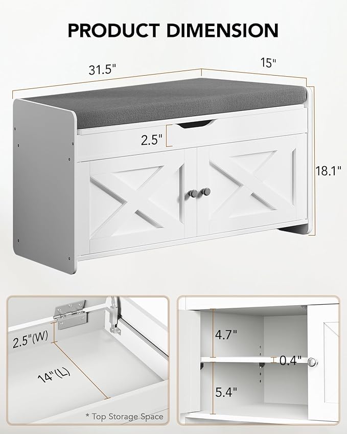 Amada Shoe Storage Bench, 31.5" Small Entryway Bench with Cushioned Seat & Lift Top Storage, 2 Door, Adjustable Shelf, 300 lbs Capacity, Bench with Shoe Rack for Entryway, Bedroom, Living Room, White