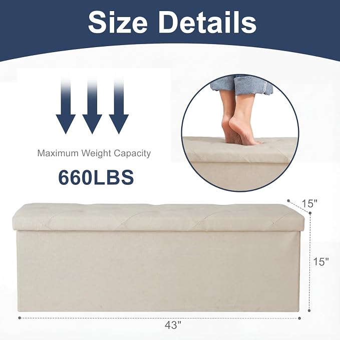 DUMOS 43 Inch Folding Storage Ottoman Bench, Spacious Hidden Organizer with Foam Cushioned Top, End of Bed Foot Rest Stool for Bedroom Living Room Entryway, Supports Up to 660 LBS, Linen Fabric, Beige