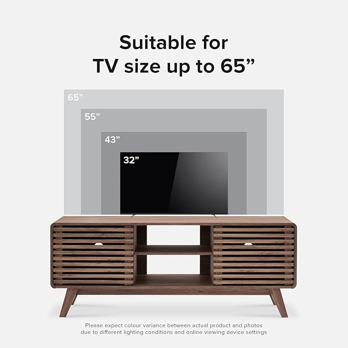 mopio Ensley 59" Tall TV Stand with Slatted Door, Mid Century Modern Entertainment Center for 55-65 inch TV, Farmhouse Media Console with Storage, Adjustable Shelves, Round Edges, Living Room (Walnut)
