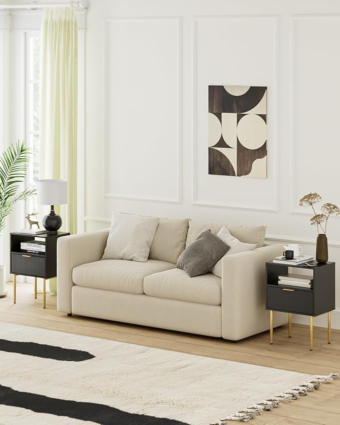 Aienvey Night Stand, Modern Nightstand with Drawers, Bedside Table, Gold Small Side Table for Bedroom, Living Room End Table (Black Stripe, 1 Drawer)