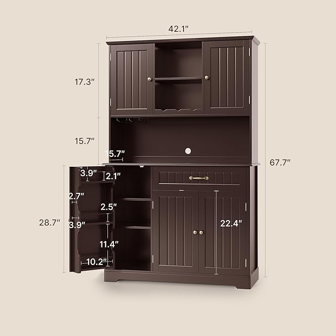 Gizoon Kitchen Hutch Cabinet Kitchen Hutch Storage Cabinet Tall Pantry Coffee Bar with Storage for Dining Room and Craft Room, Painted Dark Brown