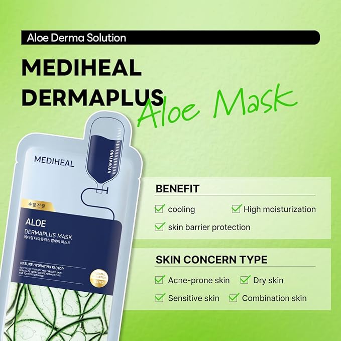 Mediheal Dermaplus Aloe Mask (10 Counts) - Daily Vegan Mask for Hydrating Skin with Panthenol & Hyaluron, Korean Self Skin Care Sheet Mask