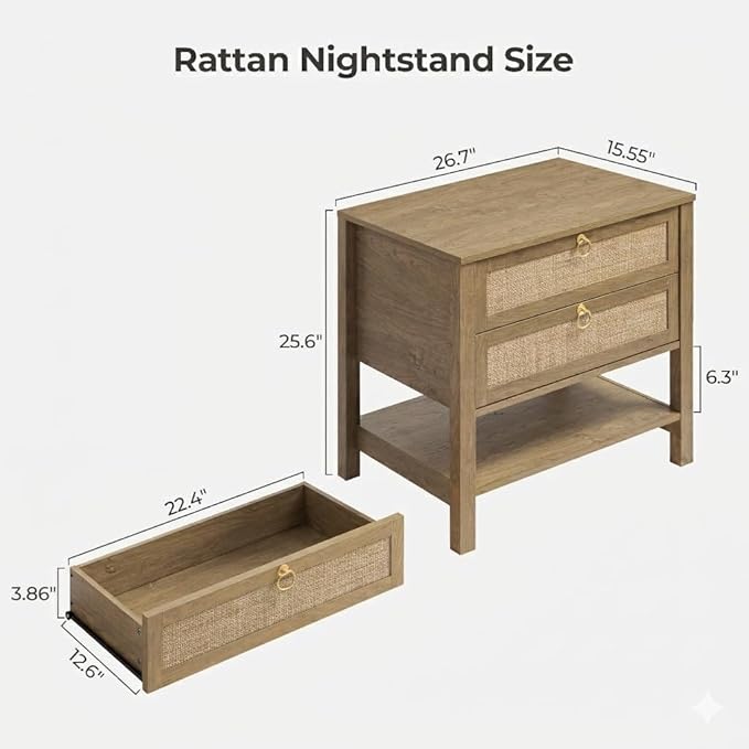 SICOTAS Night Stand with Drawers and Storage Shelf - Large Nightstands Rattan Decor Boho Bedside Table Narrow Side Table for Bedroom, Small Space
