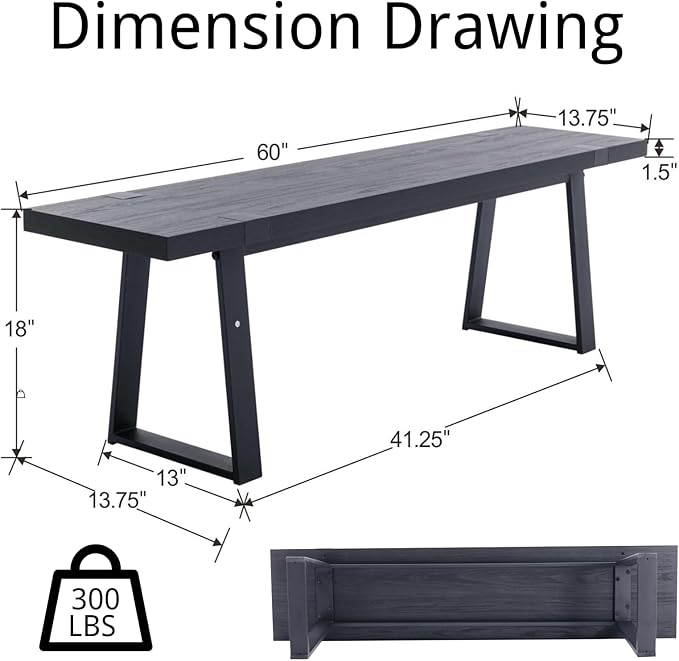 HNY 60" Entryway Bench Black Wood Dining Bench Bedroom Bench Modern Minimalist Long Slatted Bench for Living Room Hallway, Sturdy Solid Wood with Black Metal Leg Seating for 4-6 People