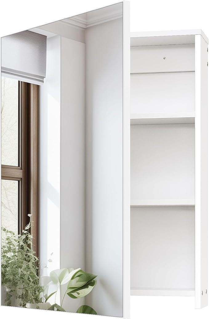 CHOEZON Bathroom Medicine Mirror Cabinet, Wall-Mounted Bathroom Vanity with Mirror, Bathroom Medicine Cabinet with Storage Function, Hanging Storage Cabinet, Adjustable Shelves, White