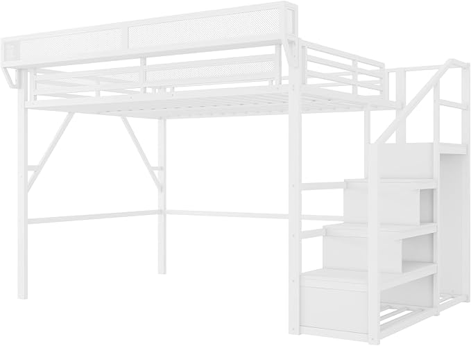 Mirightone Queen Size Loft Bed with Stairs and Storage, Metal Loft Bed Frame with Bedside Shelf and Large Under-Bed Space, Heavy-Duty Loft Beds for Adults Teens and Kids, Convertible Staircase, White