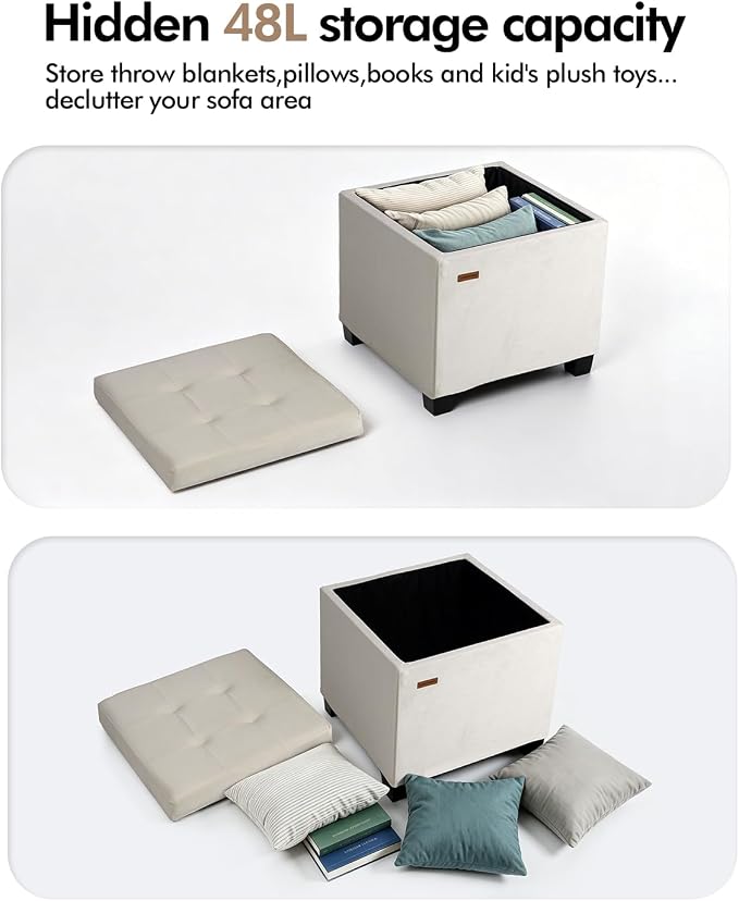 ABHENG Velvet Cover Steel Frame Ottoman with 48L Storage,17.7" x 17.7" x 17.7" Square Linen Storage Ottoman Stool Cube with Legs,for Dorm Livingroom White UASND64W