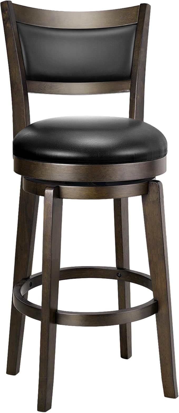 PrimeZone Swivel Bar Stools Set of 1, 26 Inch Counter Height Barstools, Black Faux Leather Bar Stool with High Backrest & Solid Wood Legs & Wrap-around Footrest, Counter Stools for Kitchen Island, Pub